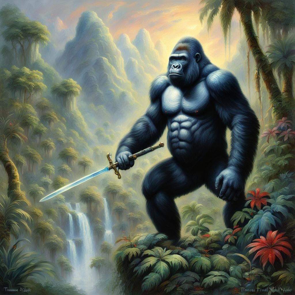 Gorilla Soldier in Misty Jungle, Ethereal Fantasy Art