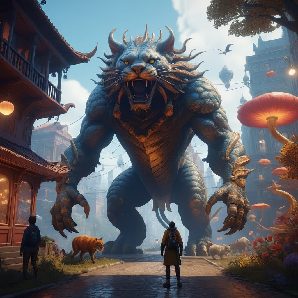 Whimsical Gentleman Amidst Fantastical Creatures