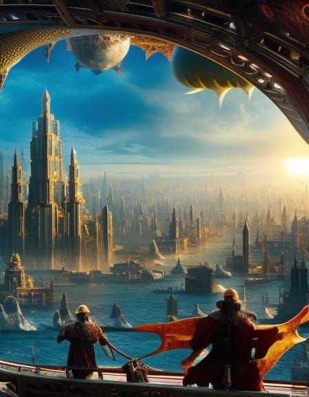 Giant Floating City with Mythological Creatures