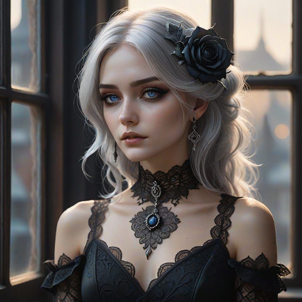Gothic Fantasy Portrait: Woman with Silver Hair and Black Ro...