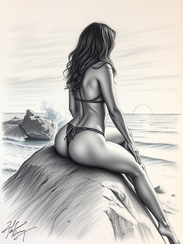 Charcoal Drawing of Woman at Sunset in Okafo Style