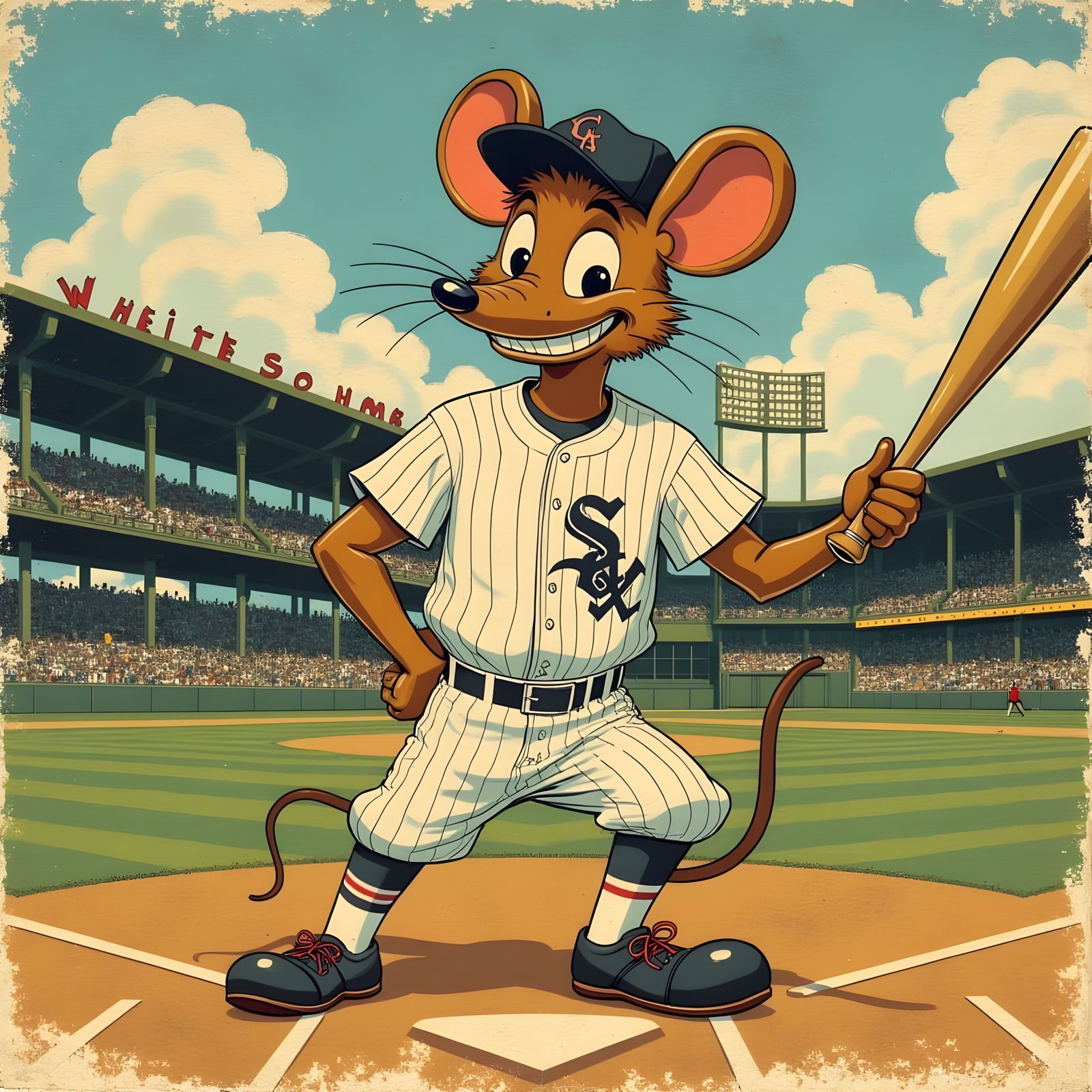 Retro Baseball Mouse Wears Chicago White Sox Hat and Uniform