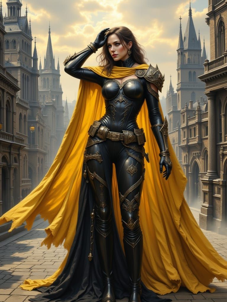 Baroque Superheroine Overlooks Timeless City
