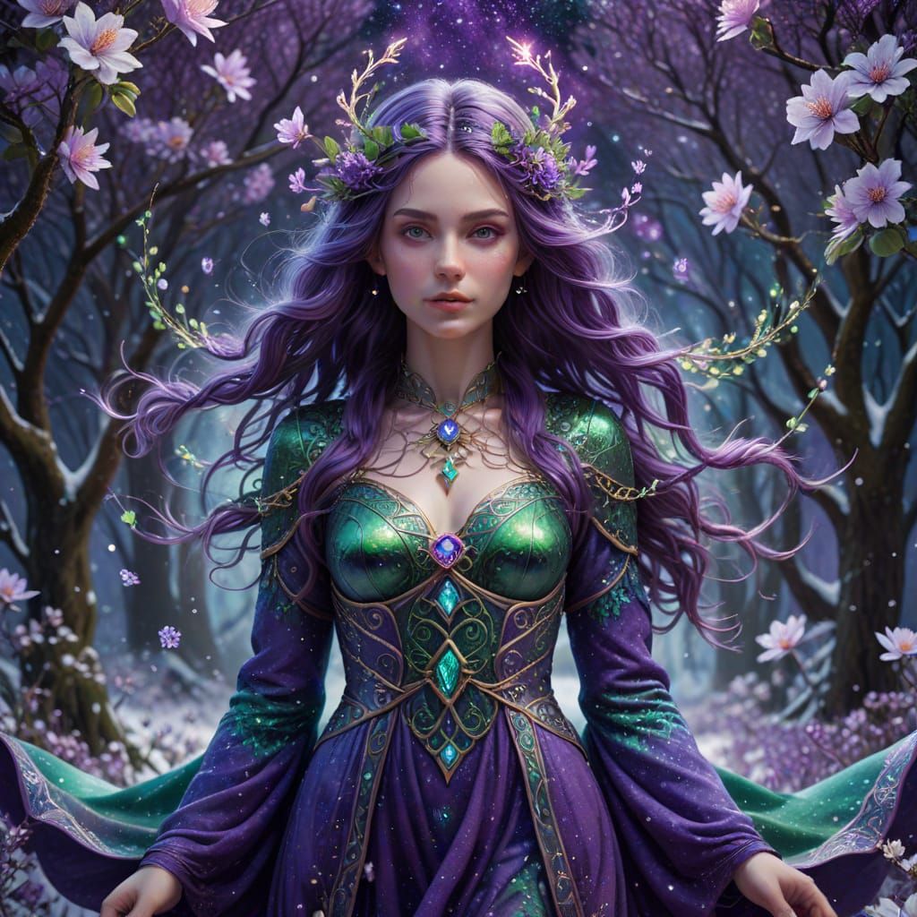 Surreal Celtic Goddess in Violet Robe with Green Dress and V...