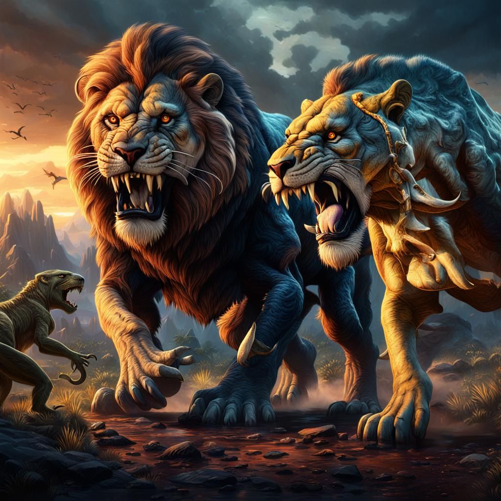 Saber-Tooth Lion vs T-Rex Epic Battle