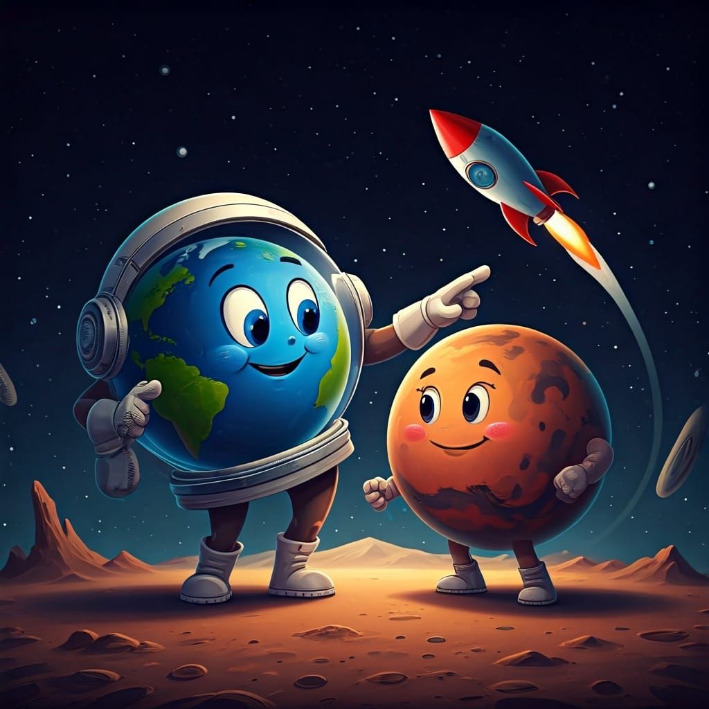 Earth Launches Rockets at Mars: Cartoon Planets