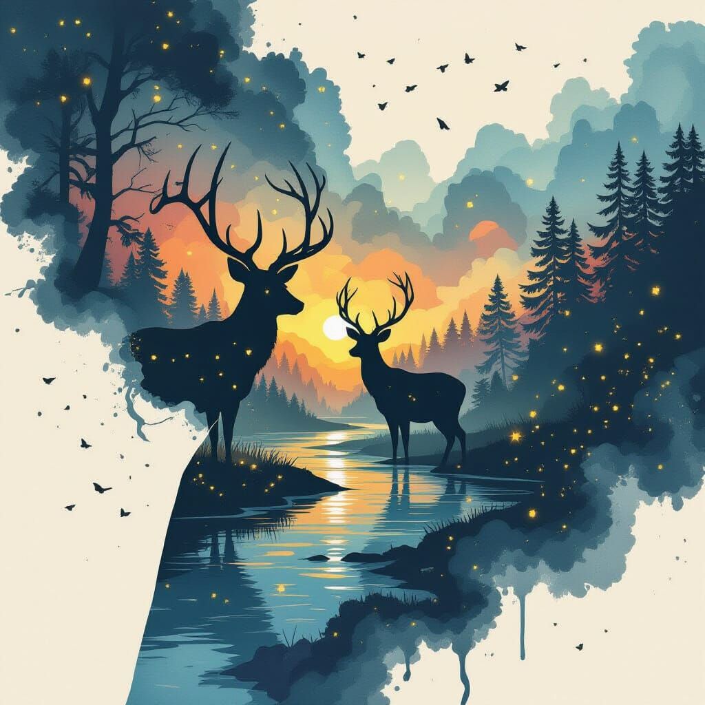 Double Exposure Deer and Fireflies Digital Illustration