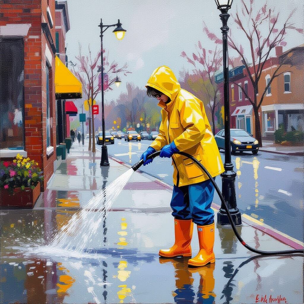 Yellow Raincoat Hosing Dirty Sidewalk, Water Splashing