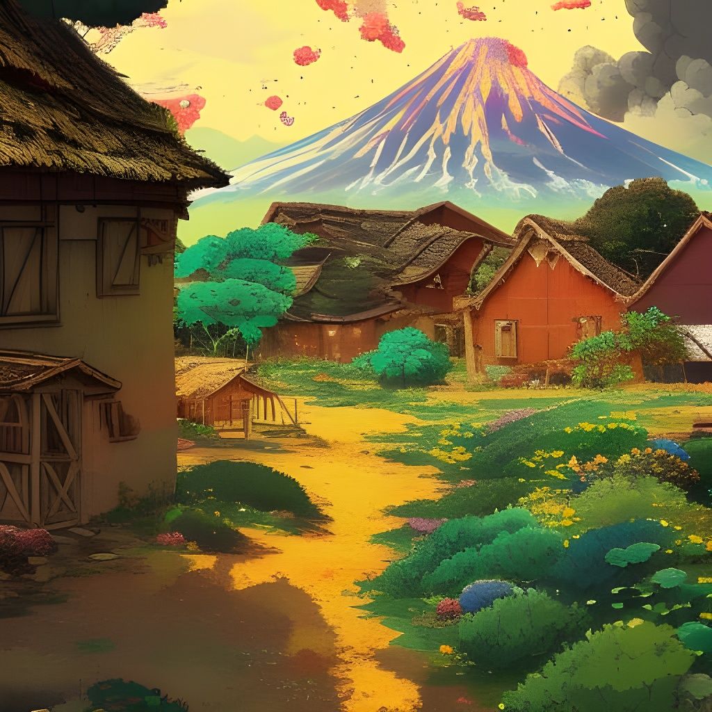 Volcanic Farm Village: Colorful Anime Gouache Landscape