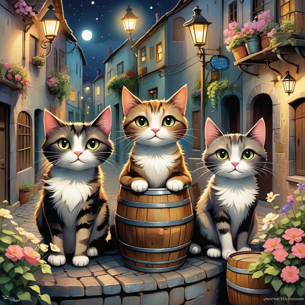 Whimsical Cats in Moonlit Anime Village
