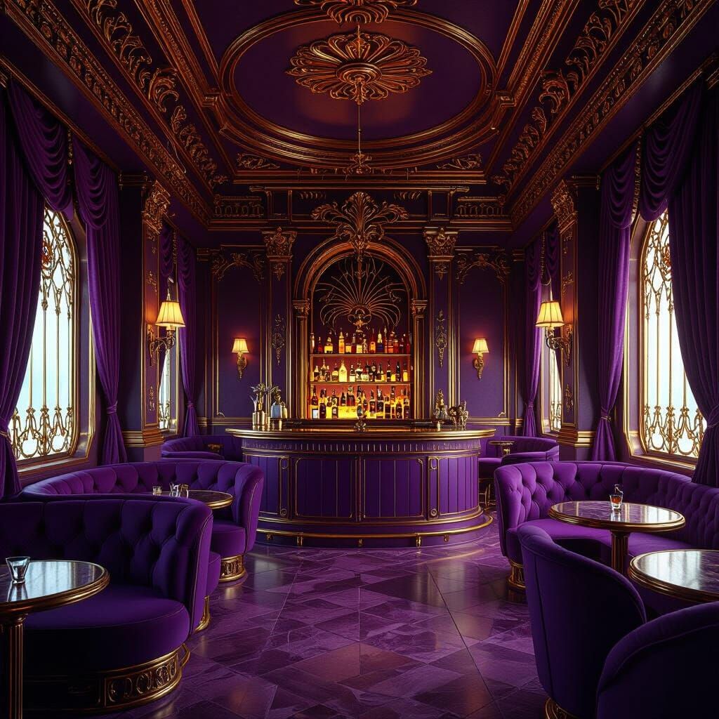 Elegant Fantasy Bar with Purple Decor & Gold Accents