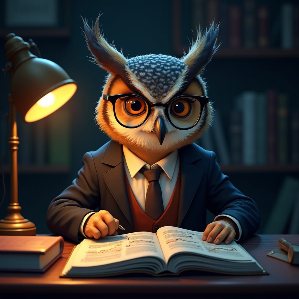 Cartoon Owl Studying Finance, Fantasy Realism Style