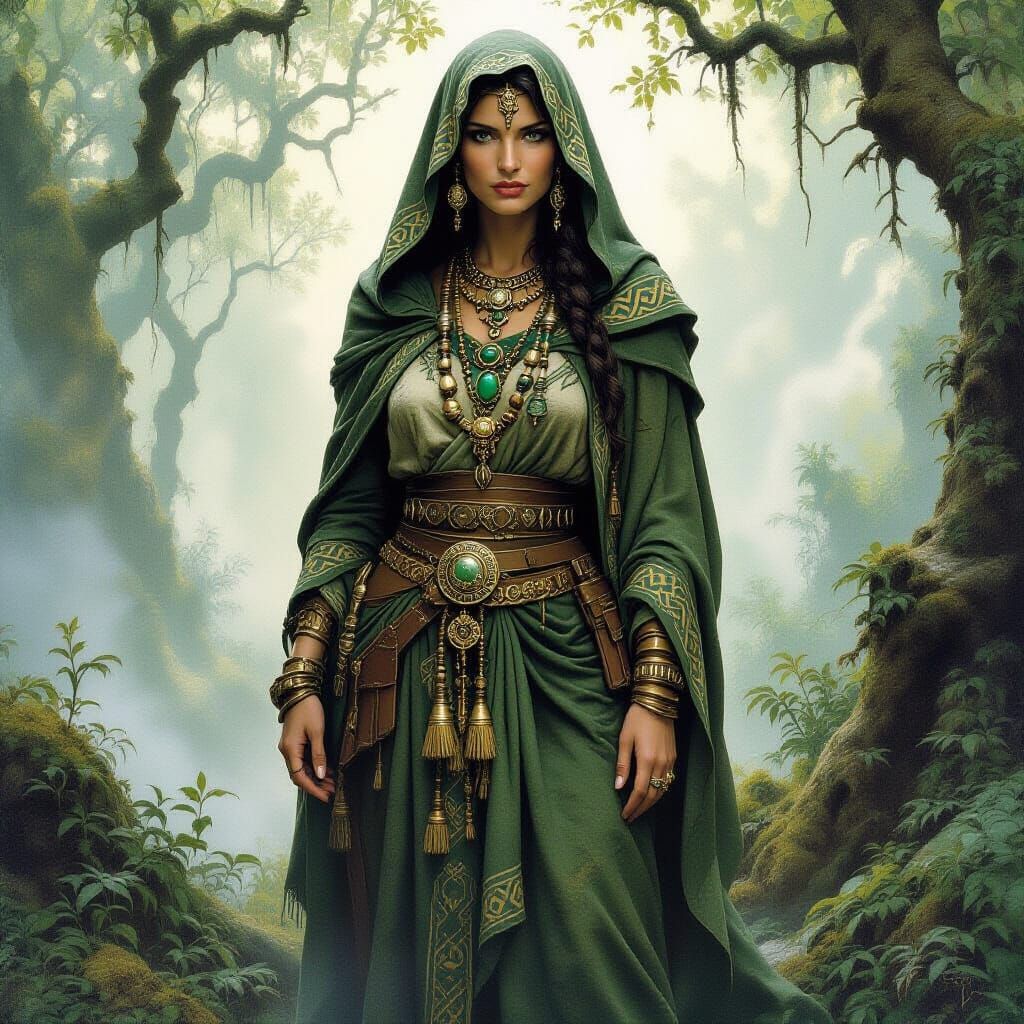 Ancient Celtic Woman in Misty Forest, Fantasy Art Style