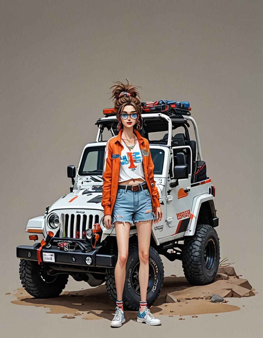 Hippie Girl with Jeep Wrangler in Vivid Colors