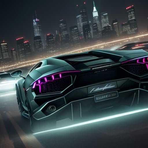 Lamborghini Made of Money in Neon-Lit Cityscape