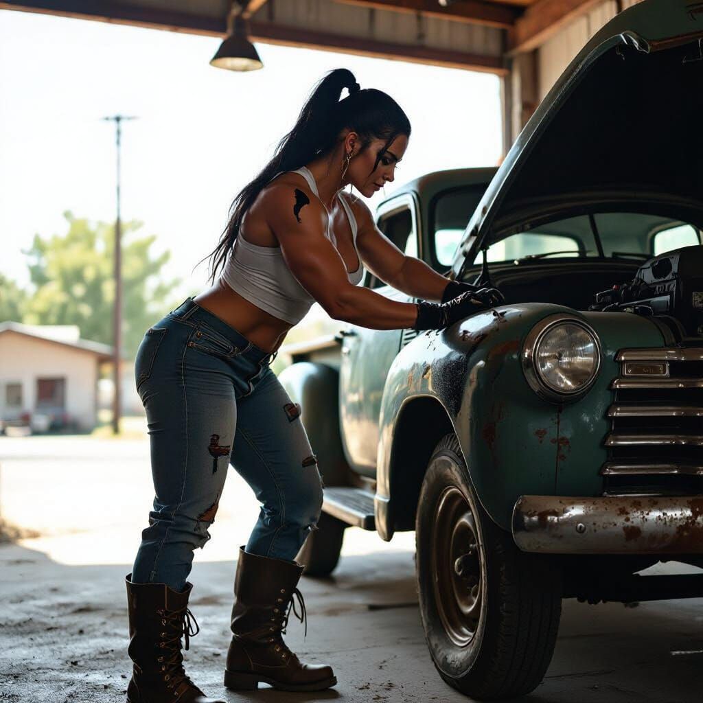 Gritty Bodybuilder Mechanic in Garage, Realism Style