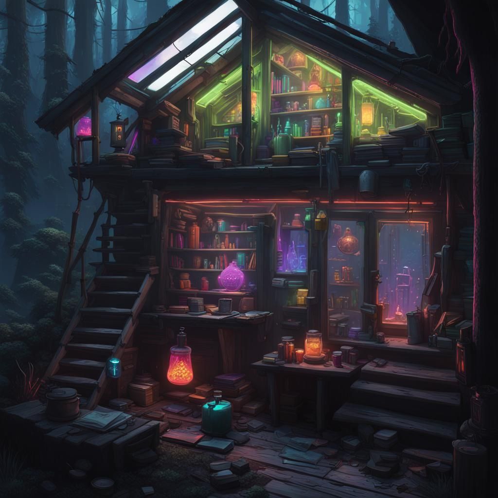 Cyberpunk Witch Cabin in Woods with Potions