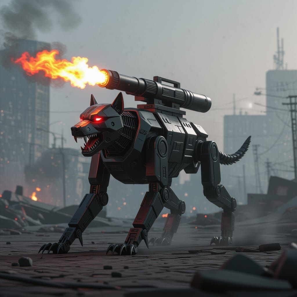 Robotic Sentry Dog with Flamethrower in Dystopian City
