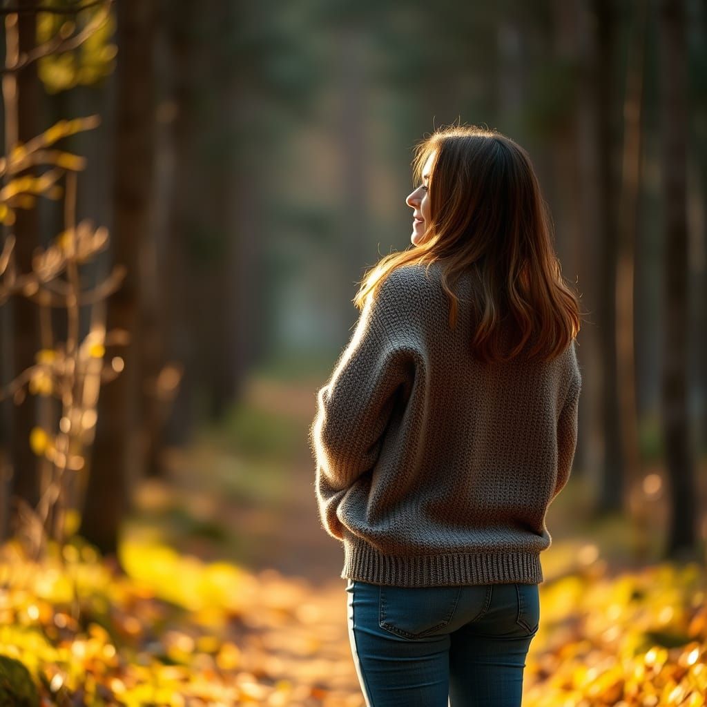 Woman in Forest Bids Good Night: Golden Hour Photo