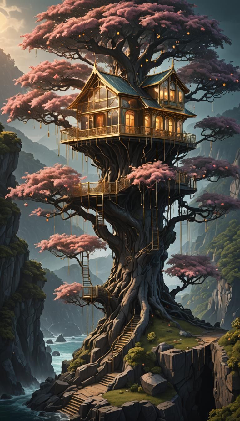 large weeping peach tree with gold and glass treehouse on a cliff backing the sea, surrounded by dark forest, concept ar...