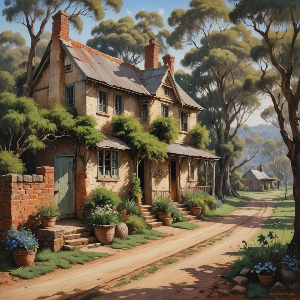 Australian Village House in 18th Century Oil Painting
