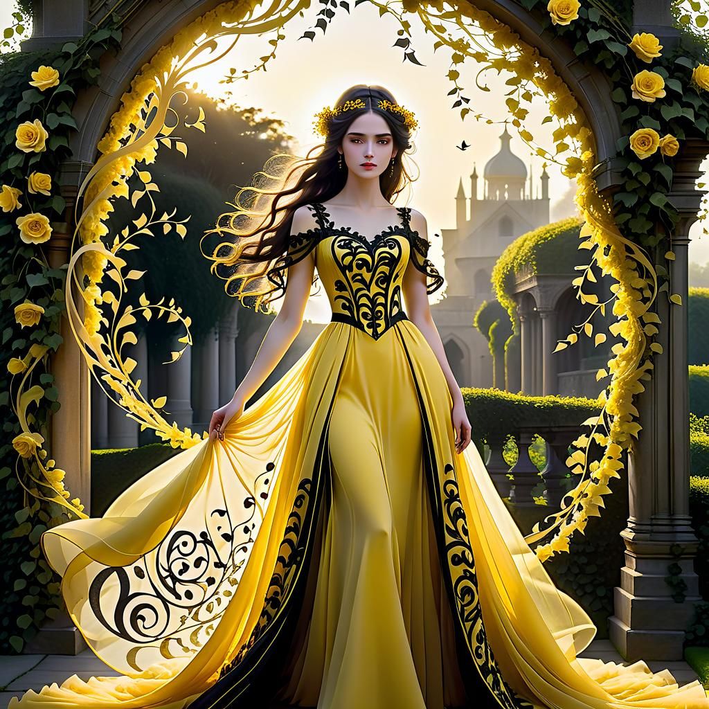 Girl in Gothic Calligraphy Gown in Dreamlike Setting