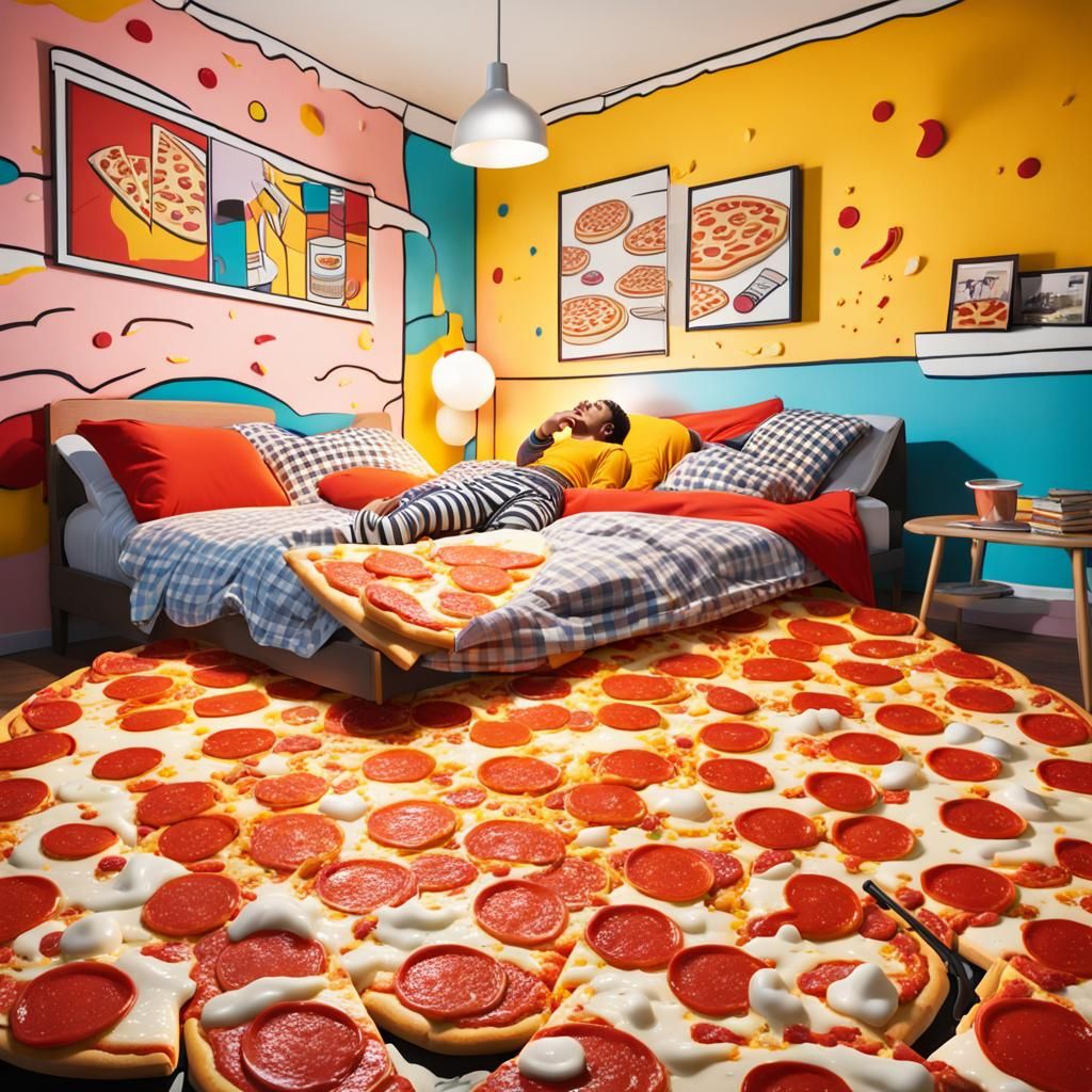 Person on Pizza Bed in Pop Art Style