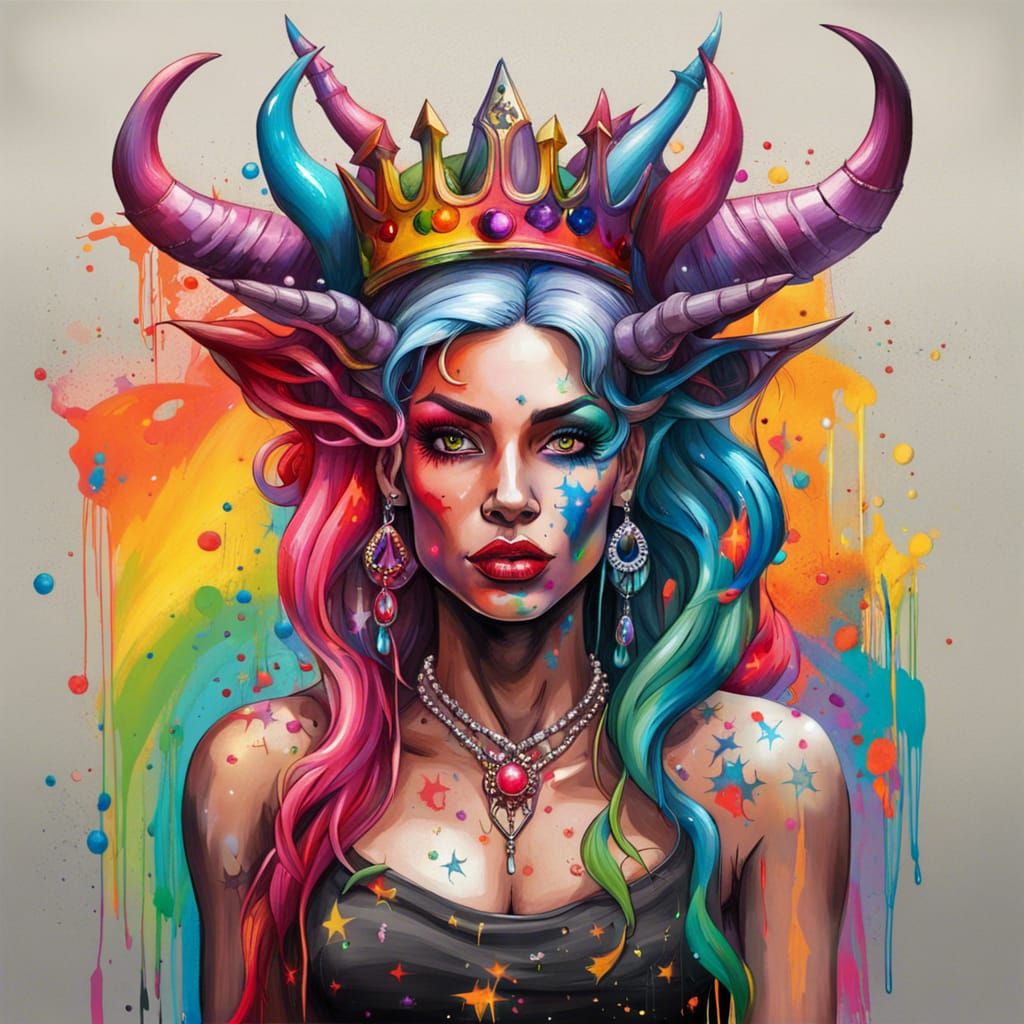 Devil Queen with Rainbow Hair in Graffiti Art