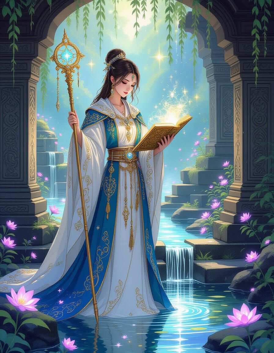 Ethereal Healer at Ancient Shrine in Watercolor Style