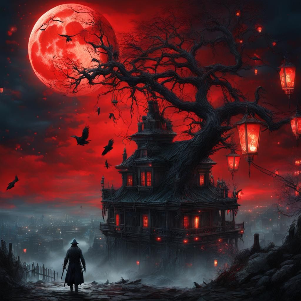 Bloodborne Inspired Scene with Red Moon and Crows