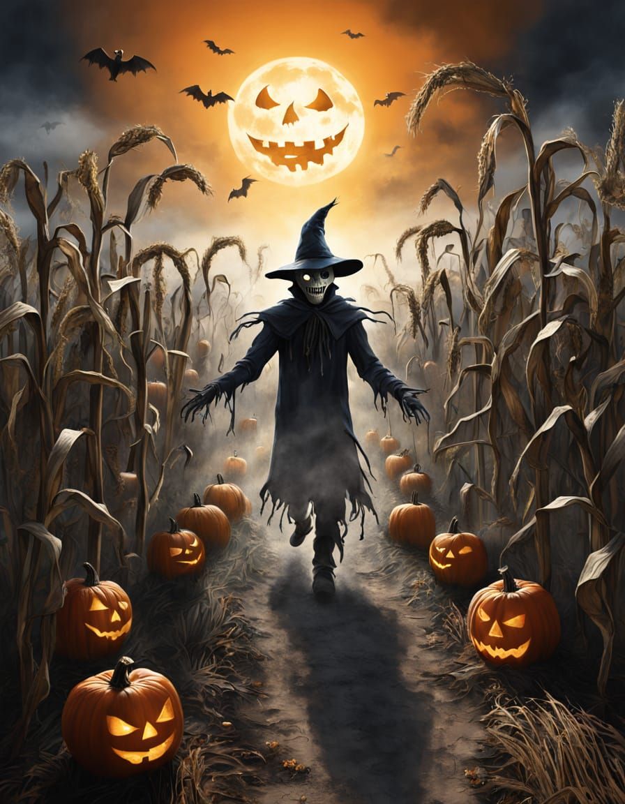 Ghostly Scarecrow in Haunted Corn Maze Halloween Night