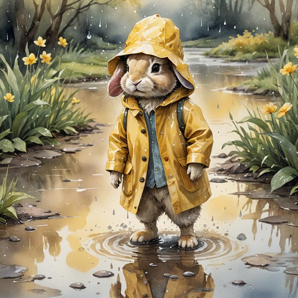 Charming Bunny in Raincoat: Watercolor Illustration