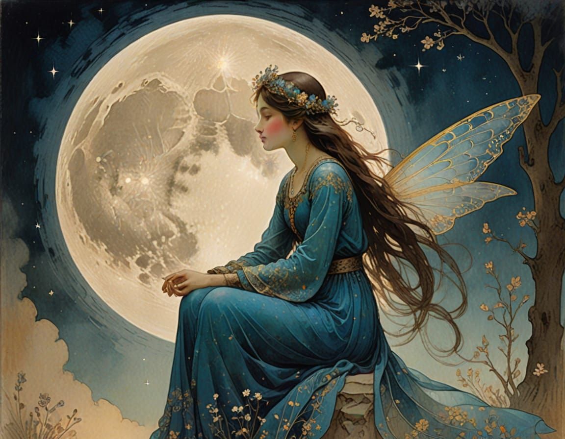 Ethereal Fairy Cradles Full Moon in Diaphanous Gown with Int...
