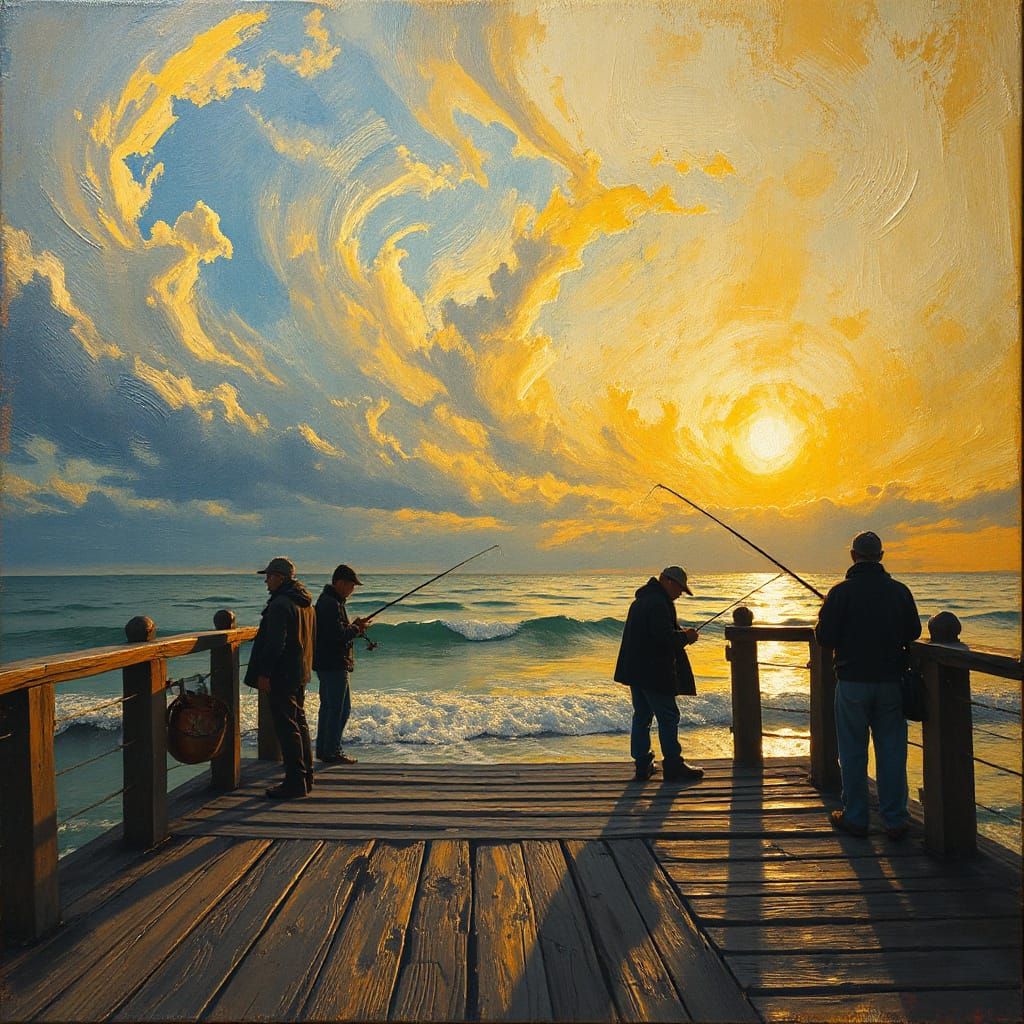 Fishermen on Pier Oil Painting at Golden Hour
