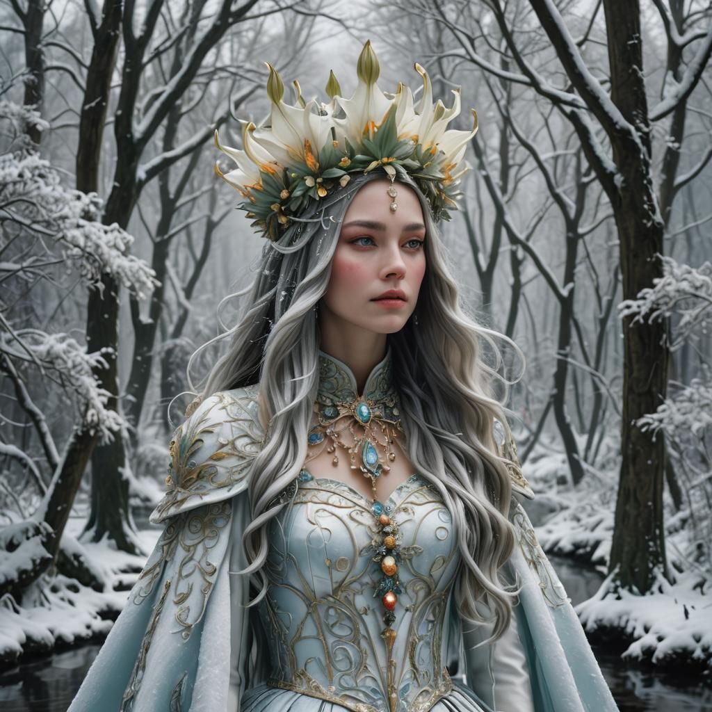 Snow Lilly Queen in Creepy Winter Forest