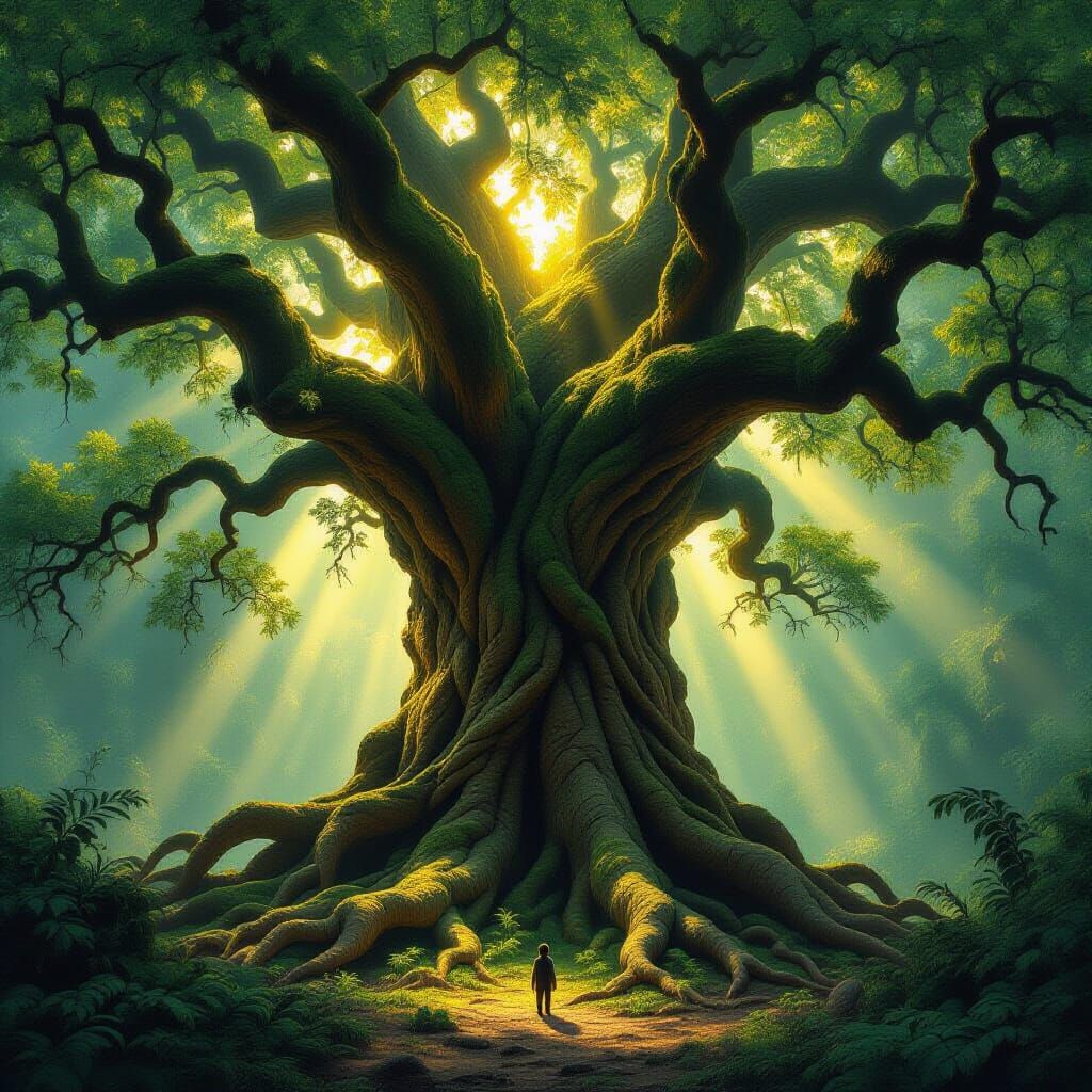 Colossal Ancient Tree in Sunlit Forest