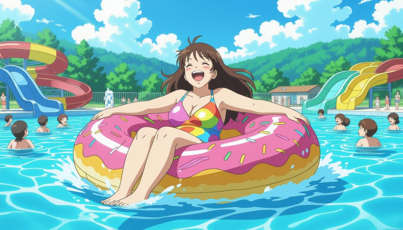 Giantess Enjoys Waterpark Wave Pool in Ghibli Style