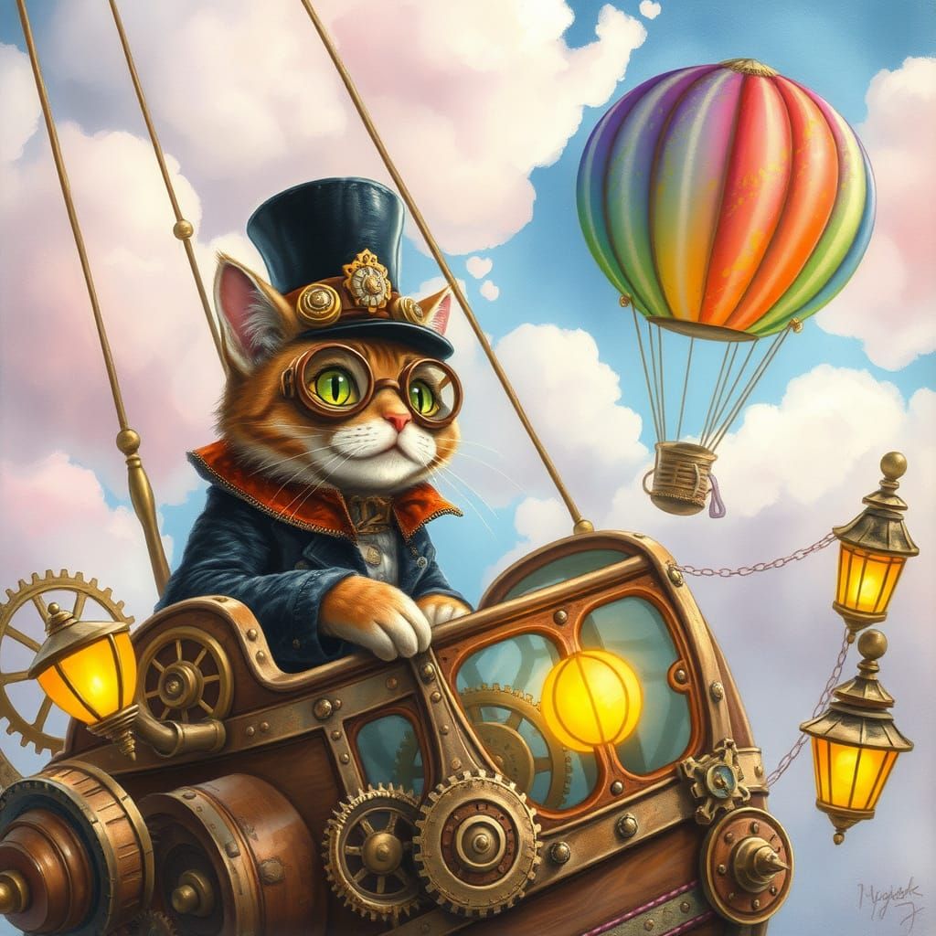 Steampunk Cat Airship in Dreamy Watercolor Style