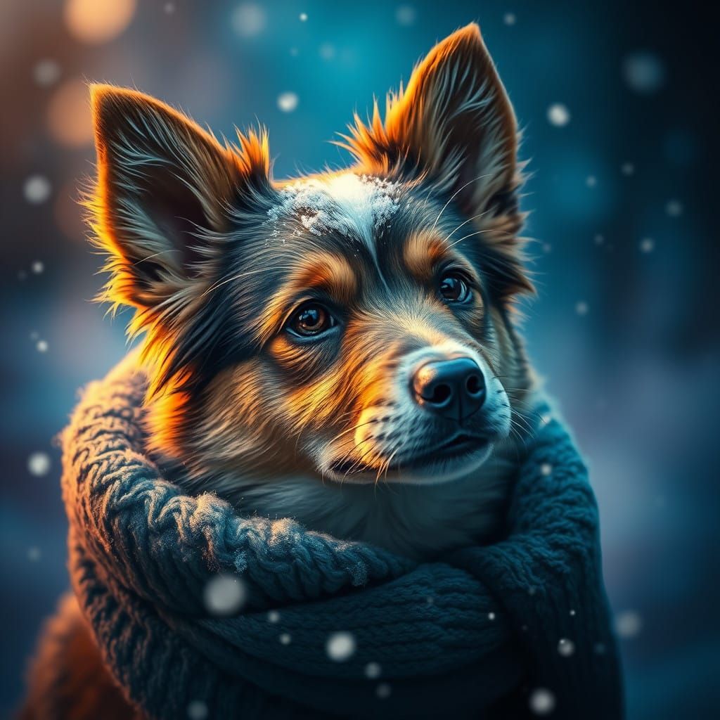 Surreal Winter Scene of a Small Dog in a Basket, Painted in...