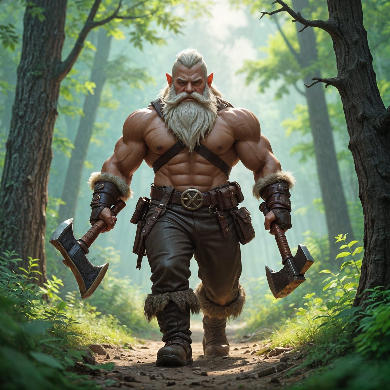 Gnome Bodybuilder with Handaxes in Lush Forest