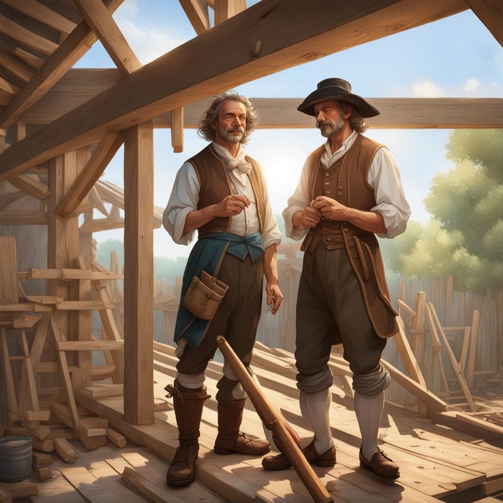 Colonial House Builders Constructing Timber Frame, Detailed ...