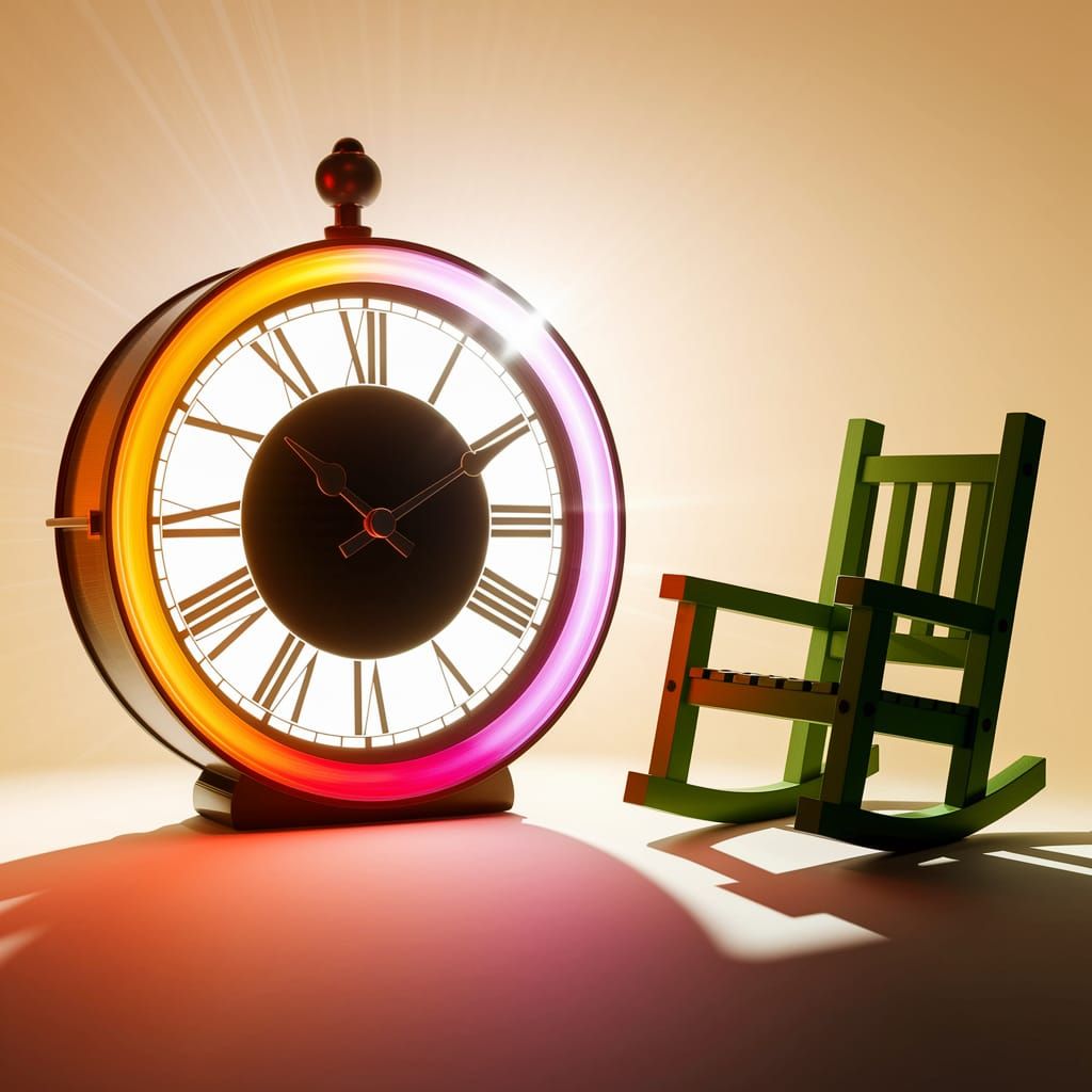 Vibrant Grandfather Clock in Warm Sunlight with Rocking Chai...