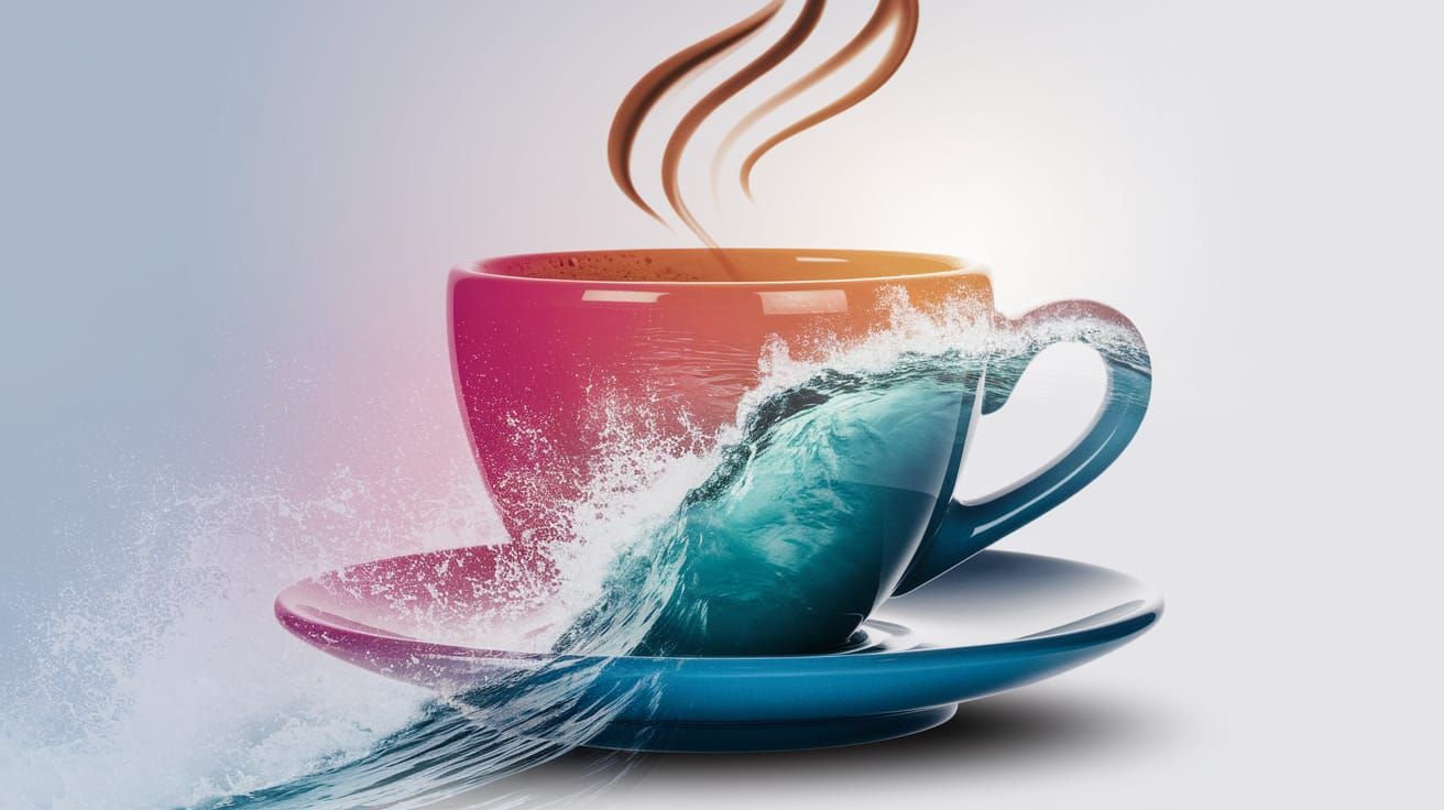 Double Exposure Art: Coffee Cup Meets Ocean Waves