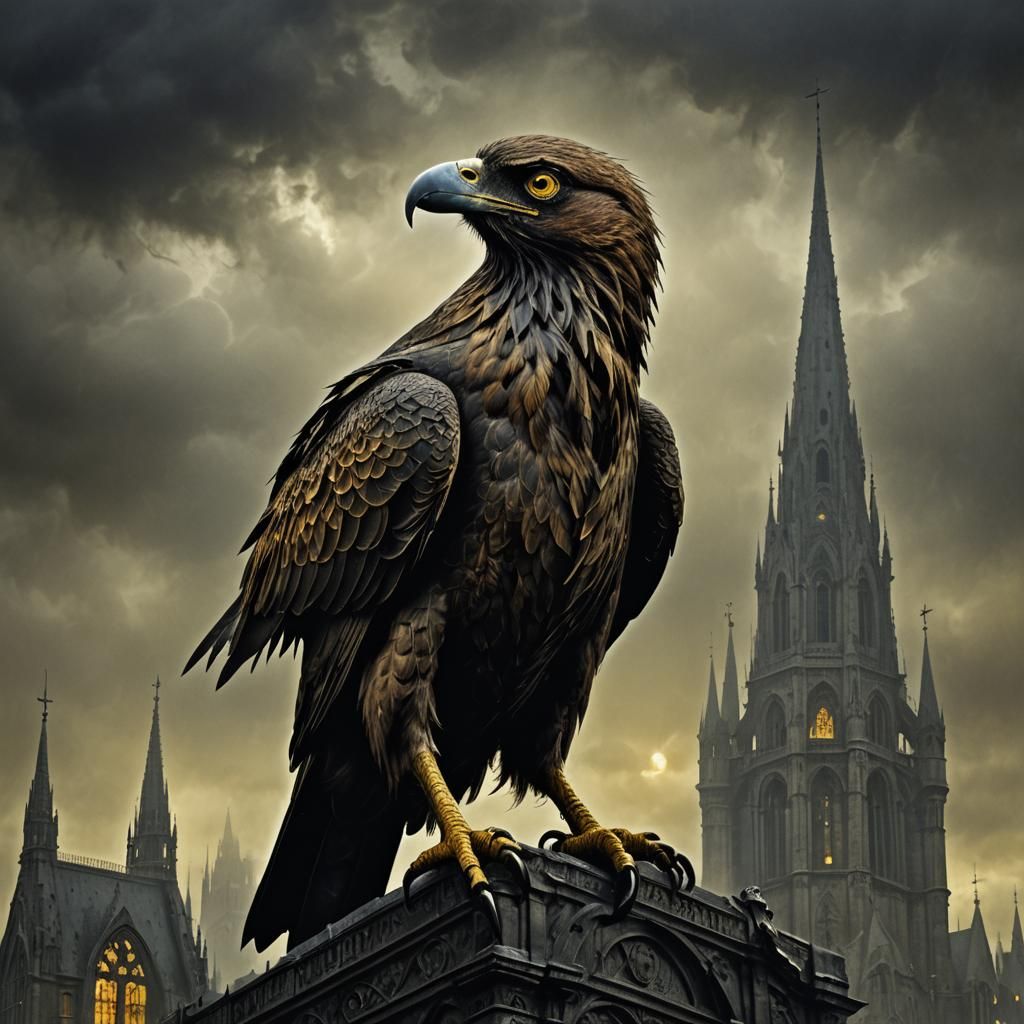 Giant Metal Beaked Bird Perched on Cathedral