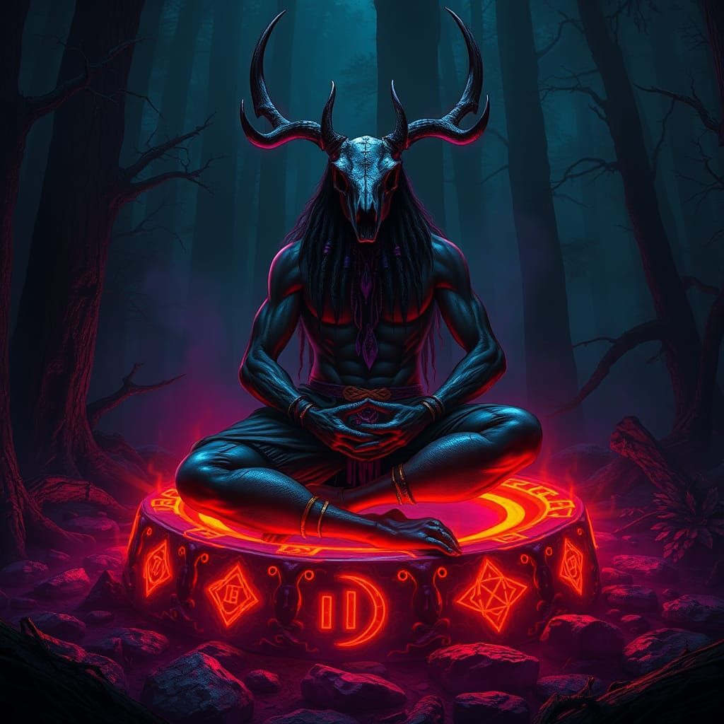 Pagan Shaman in Bioluminescent Summoning Circle