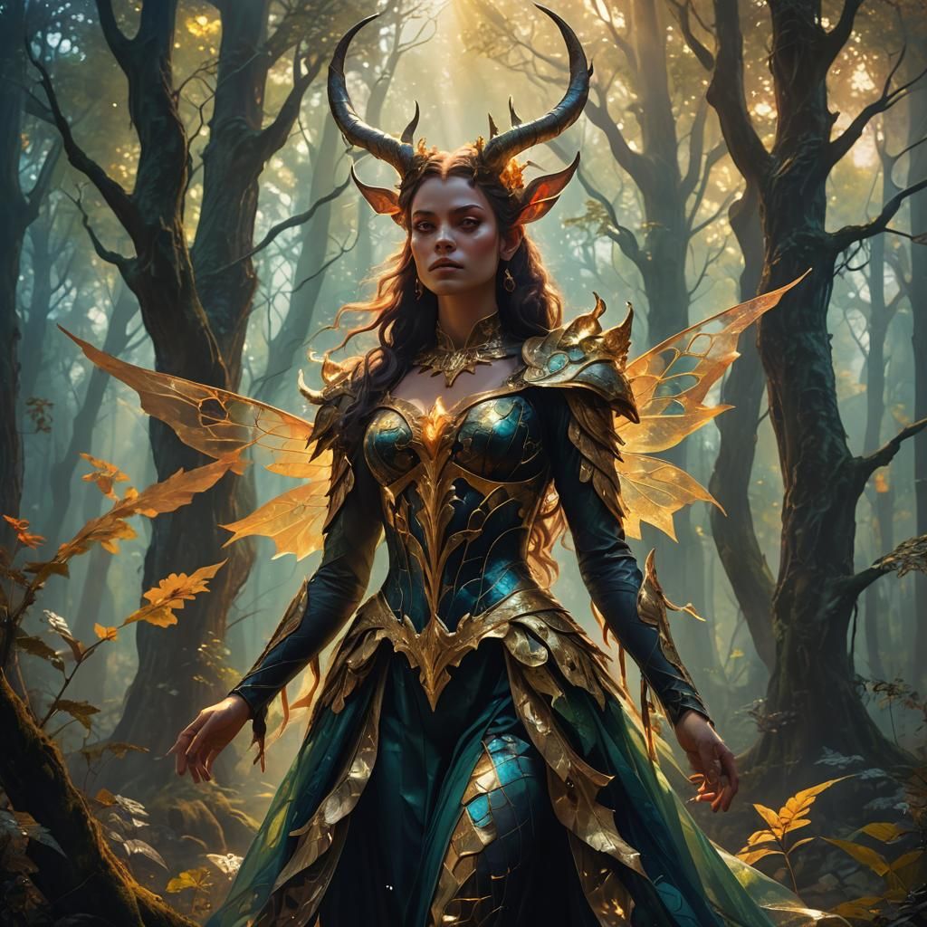 Regal Demon Girl in Mystical Forest, Baroque Art