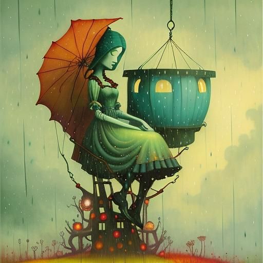 Girl on Swing in Rain: Pop Surrealist Illustration