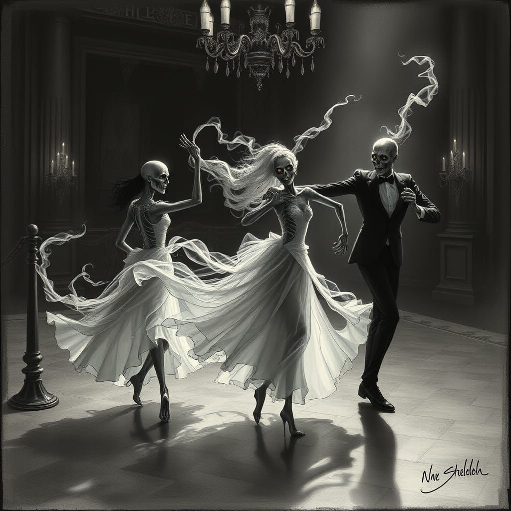 Undead Gracefully Dancing in Haunting Ballroom Etching Style