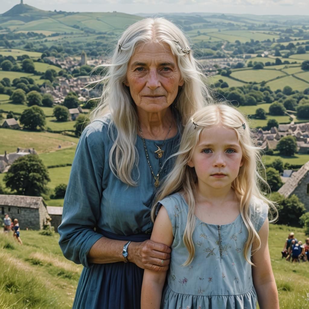 Photorealistic Portrait of Old Woman and Child