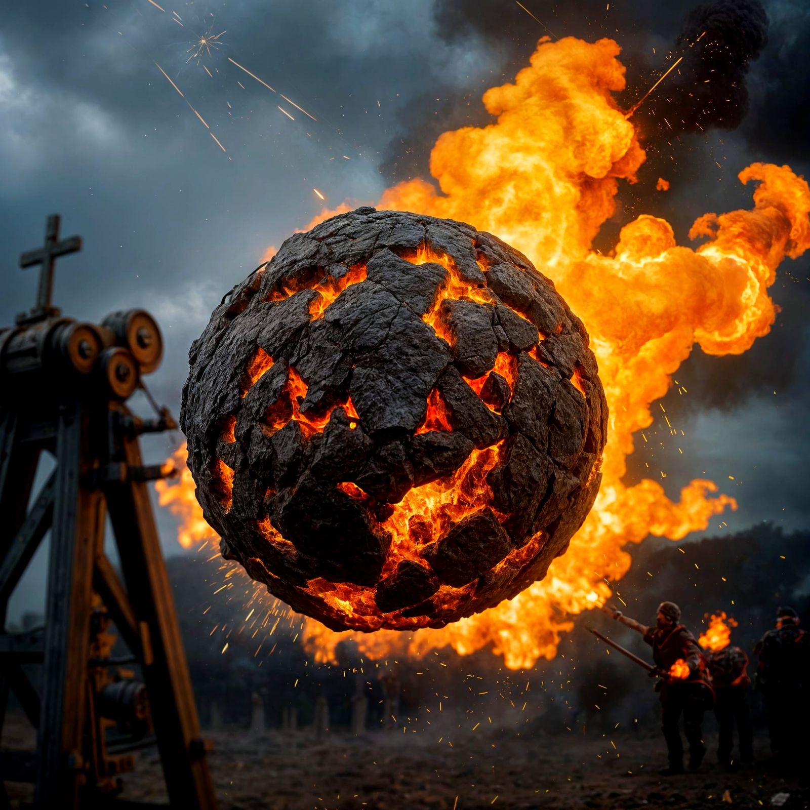 Trebuchet Launches Fireball at Camera in Hyperreal Detail